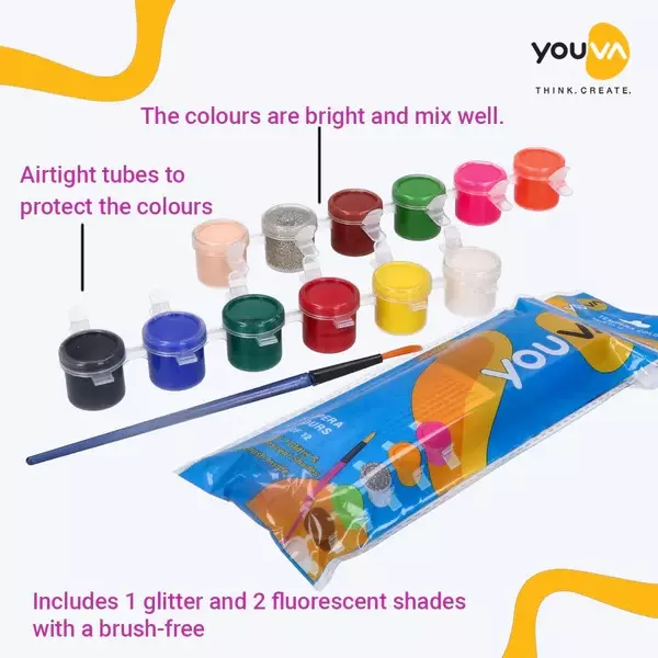 Youva by Navneet Tempera Water Colours Air-Tight Tubes 3 ml Each (Pack of 12) with 1 Glitter, 2 Fluorescent Shades and Brush, 35054