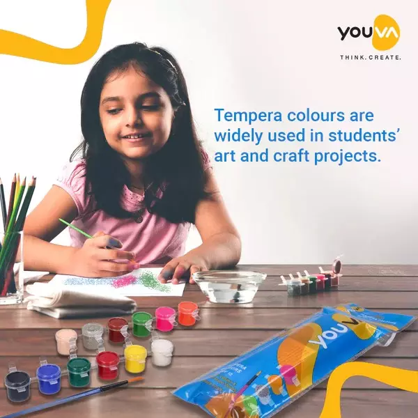 Youva by Navneet Tempera Water Colours Air-Tight Tubes 3 ml Each (Pack of 12) with 1 Glitter, 2 Fluorescent Shades and Brush, 35054