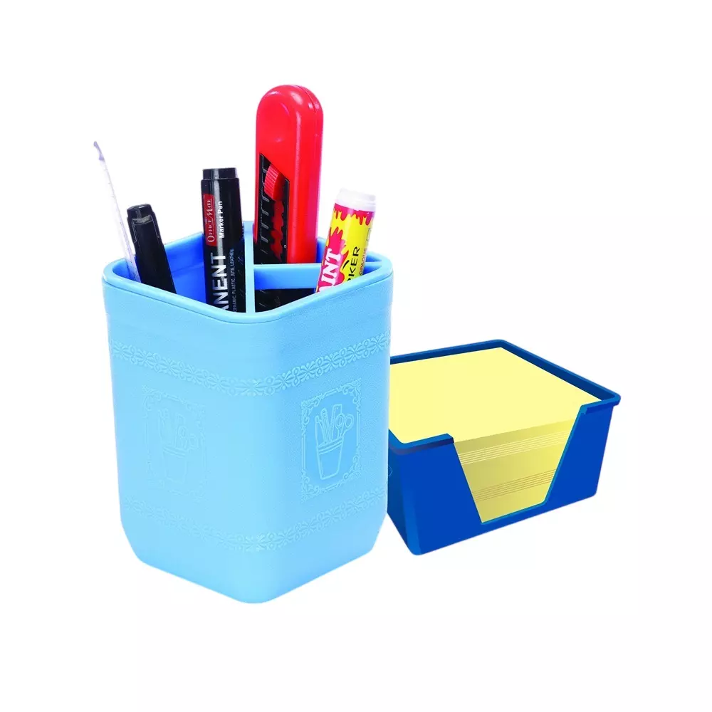 Soni Officemate Pen Stand With 400 Pcs Sticky Notes (76 x 76 mm) Size Plastic & Paper for Home, School & Office Use
