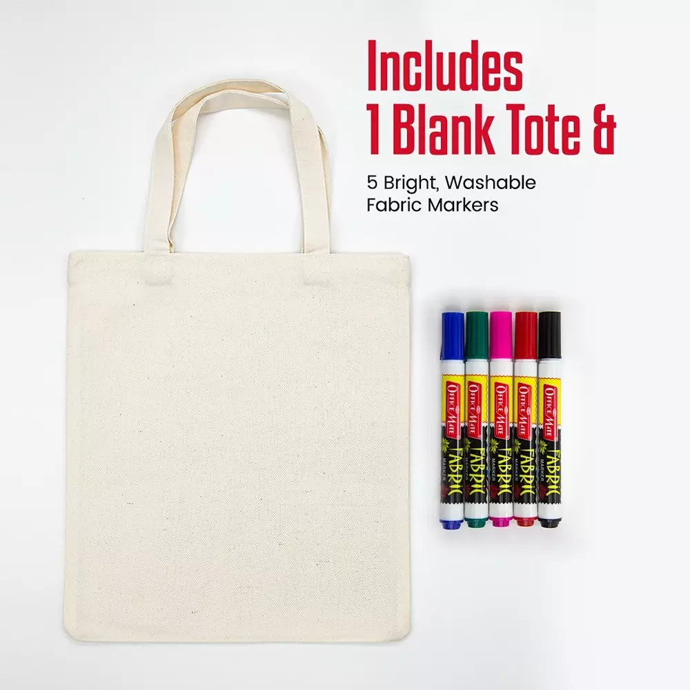 soni-officemate-tote-bag-kit-1-blank-bag-5-fabric-markers-diy-art-craft-safe-washable-fun-for-home-school-gifting