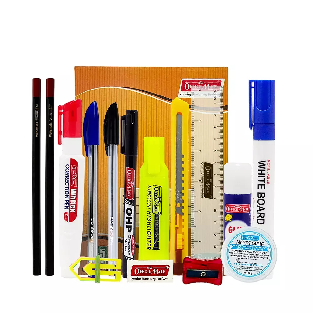 Soni Officemate 21 Pcs Stationery Kit With Notebook, Markers, Pens, Glue Stick, Sticky Notes & Accessories for Home, School & Office Use