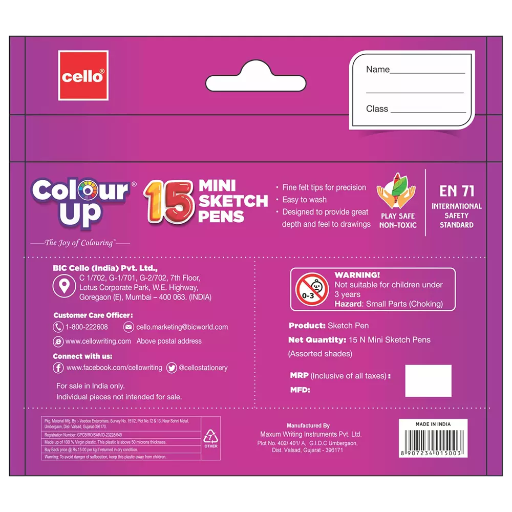 Cello ColourUp Sketch Pens Mini Multicolour Ink, 8907234015003 (Pouch of 15 Pcs)