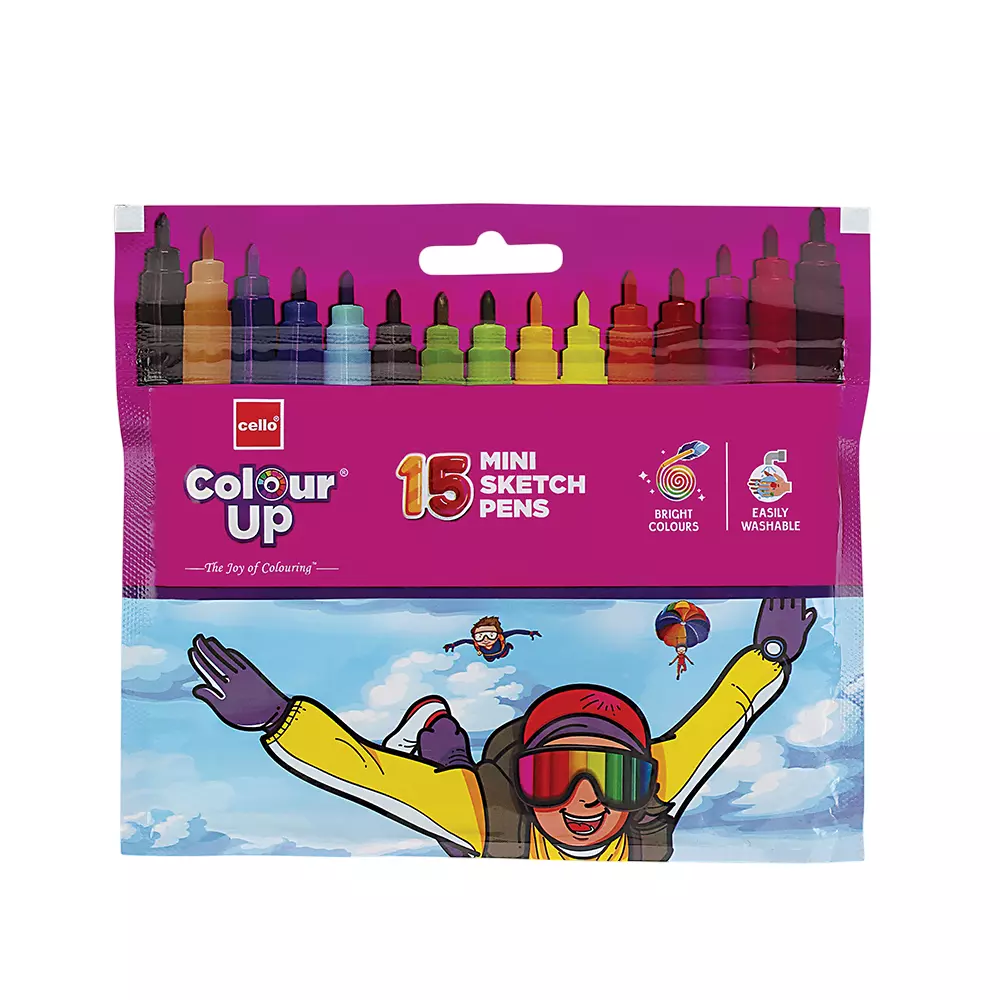 Cello ColourUp Sketch Pens Mini Multicolour Ink, 8907234015003 (Pouch of 15 Pcs)
