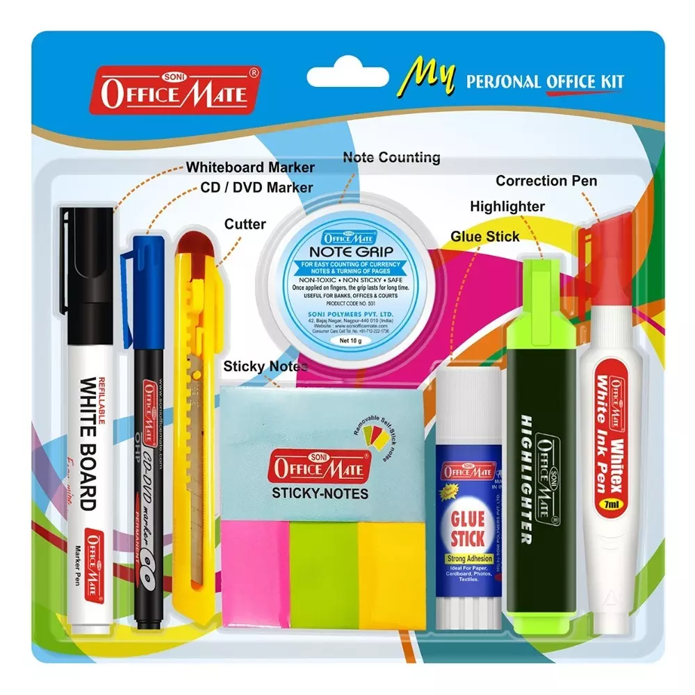 Soni Office Mate 8 Pcs Personal Office Kit Includes 2 Markers, Small Cutter, Sticky Notes, Note Grip, Glue Stick, Highlighter, and Correction Pen
