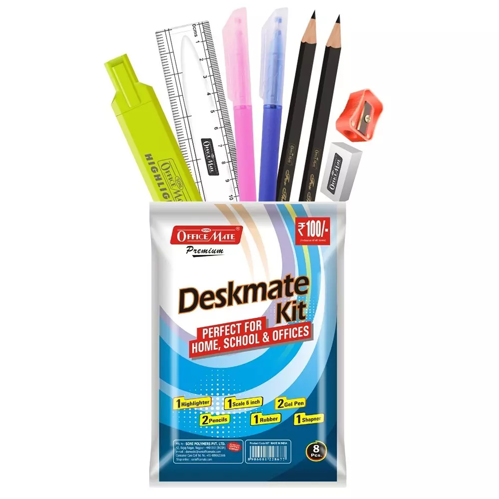 Soni Office Mate 8 Pcs Deskmate Kit Consists of Highlighter, Scale, Eraser, Sharpener, 2 Pens & 2 Pencils