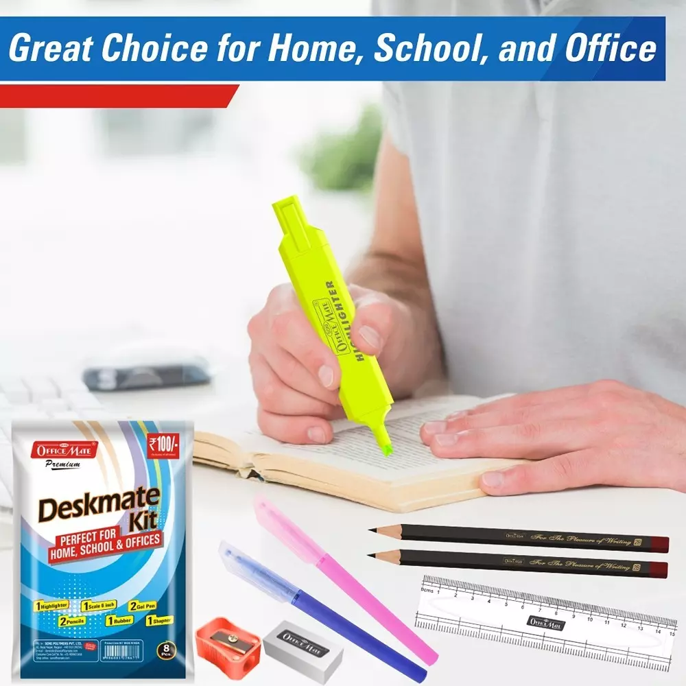 Soni Office Mate 8 Pcs Deskmate Kit Consists of Highlighter, Scale, Eraser, Sharpener, 2 Pens & 2 Pencils