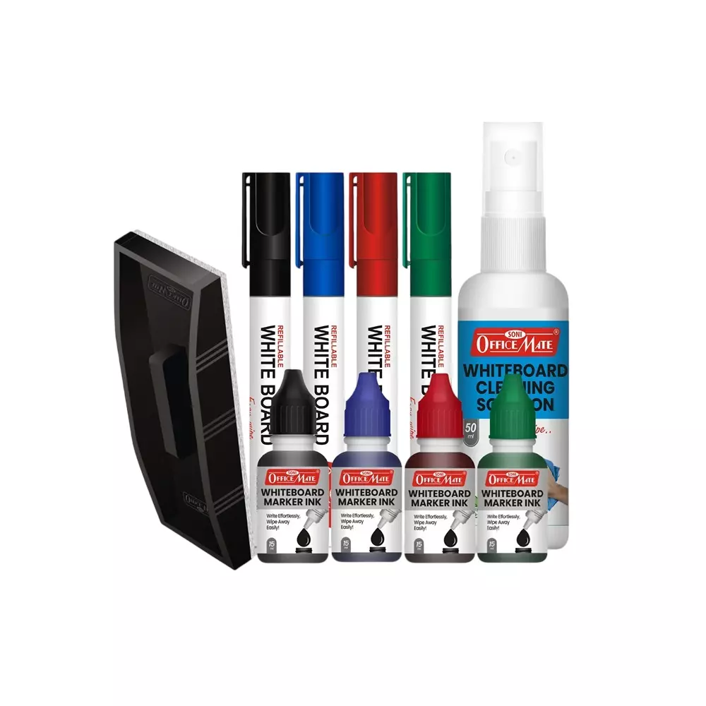 Soni Officemate Ultimate Whiteboard Kit 4 Markers + 4 Inks + 50 ml Cleaner + Non-Magnetic Duster Multicolor Refillable Easy to Erase for Home, School & Office Use