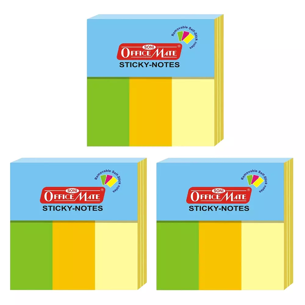 Soni Office Mate Fluorescent Sticky Note Pad 25x76 mm x 3, 100 Sheets Strong Adhesive for Notes and Reminders (Pack of 3)