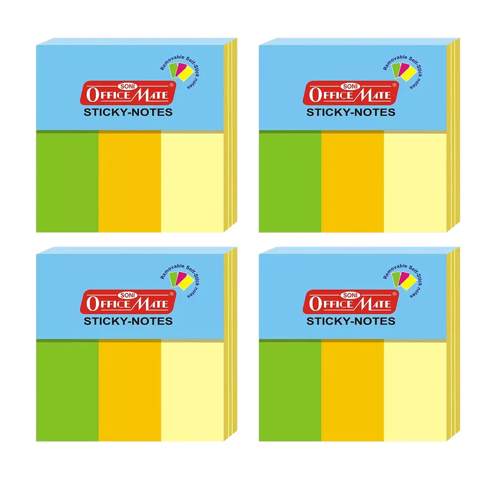 Soni Office Mate Fluorescent Sticky Note Pad 25x76 mm x 3, 100 Sheets Strong Adhesive for Notes and Reminders (Pack of 4)