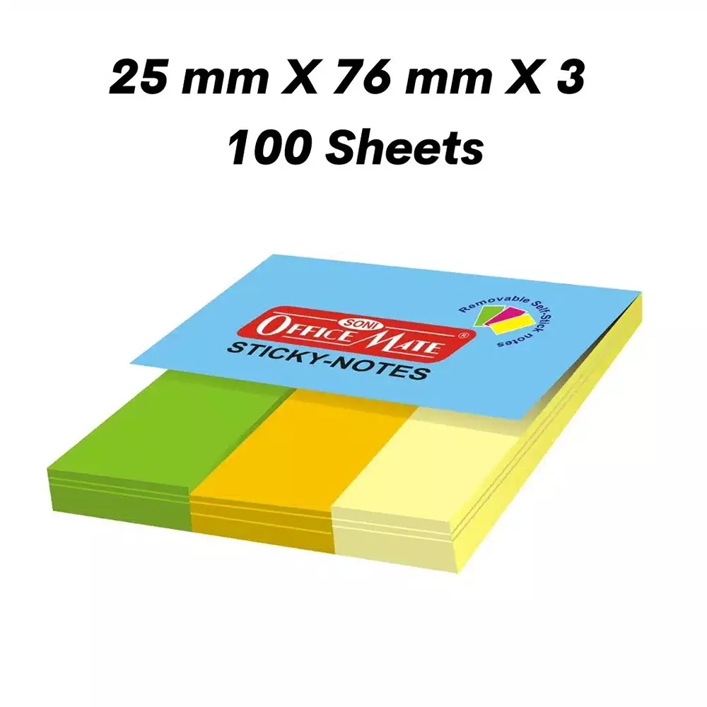 Soni Office Mate Fluorescent Sticky Note Pad 25x76 mm x 3, 100 Sheets Strong Adhesive for Notes and Reminders (Pack of 4)