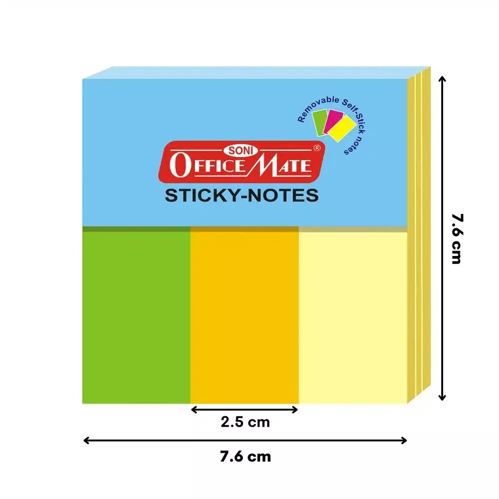 Soni Office Mate Fluorescent Sticky Note Pad 25x76 mm x 3, 100 Sheets Strong Adhesive for Notes and Reminders (Pack of 4)