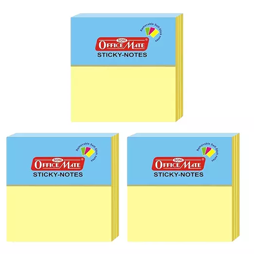 Soni Office Mate Fluorescent Sticky Note Pad 76x76 mm, 100 Sheets Strong Adhesive for Notes and Reminders, Pastel Color (Pack of 3)