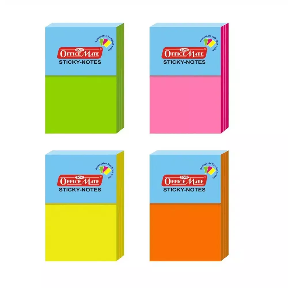 Soni Office Mate Fluorescent Sticky Note Pad 50x76 mm, 100 Sheets Strong Adhesive for Notes and Reminders, Fluorescent Color (Pack of 4)
