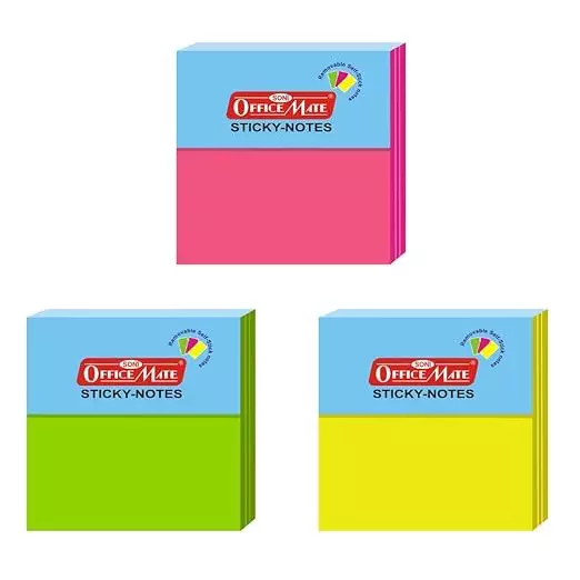 Soni Office Mate Fluorescent Sticky Note Pad 76x76 mm x 4, 100 Sheets Strong Adhesive for Notes and Reminders, Fluorescent Color (Pack of 3)