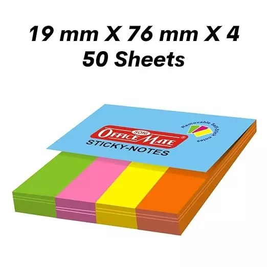Soni Office Mate Fluorescent Sticky Note Pad 19x76 mm x 4, 50 Sheets Strong Adhesive for Notes and Reminders (Pack of 4)