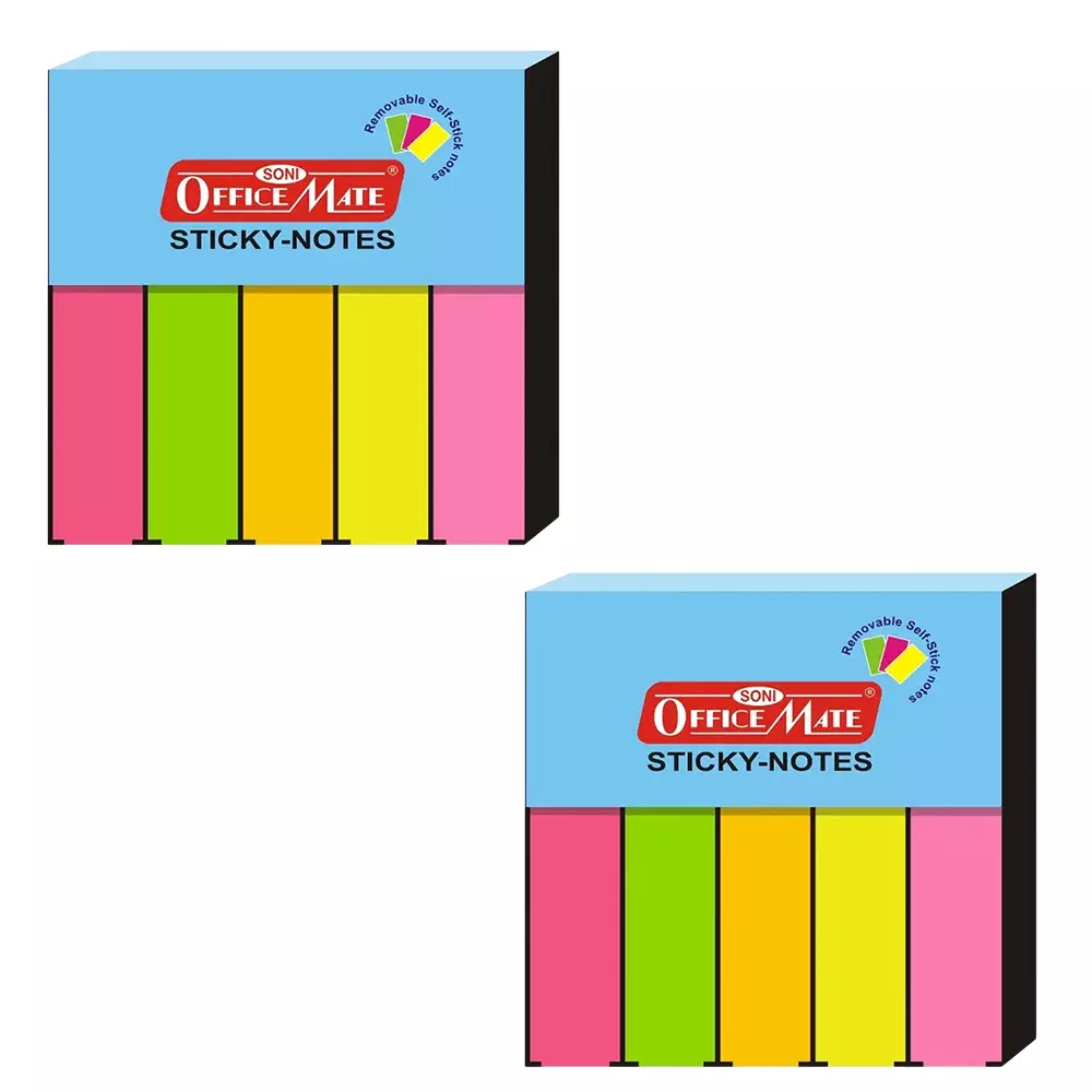 Soni Office Mate Fluorescent Sticky Note Pad 13x50 mm x 5, 100 Sheets Strong Adhesive for Notes and Reminders, Fluorescent Color (Pack of 2)