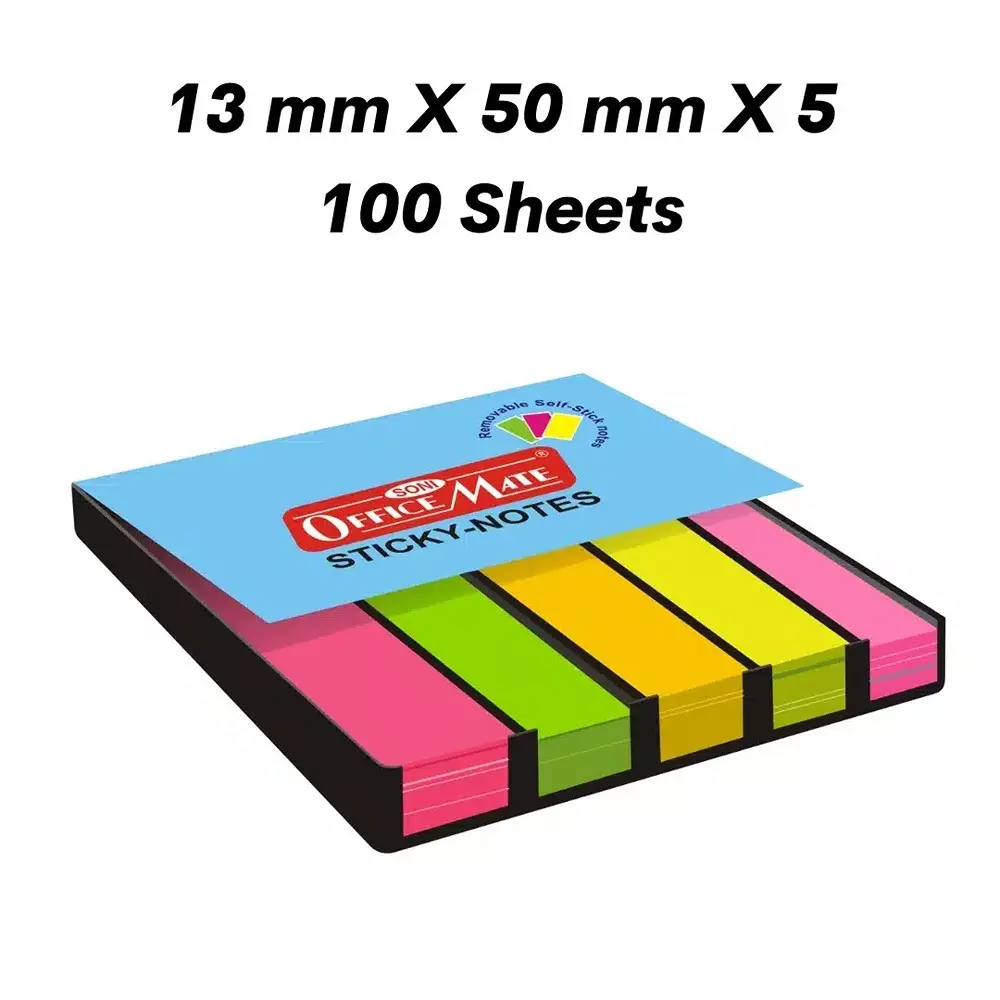 Soni Office Mate Fluorescent Sticky Note Pad 13x50 mm x 5, 100 Sheets Strong Adhesive for Notes and Reminders, Fluorescent Color (Pack of 2)
