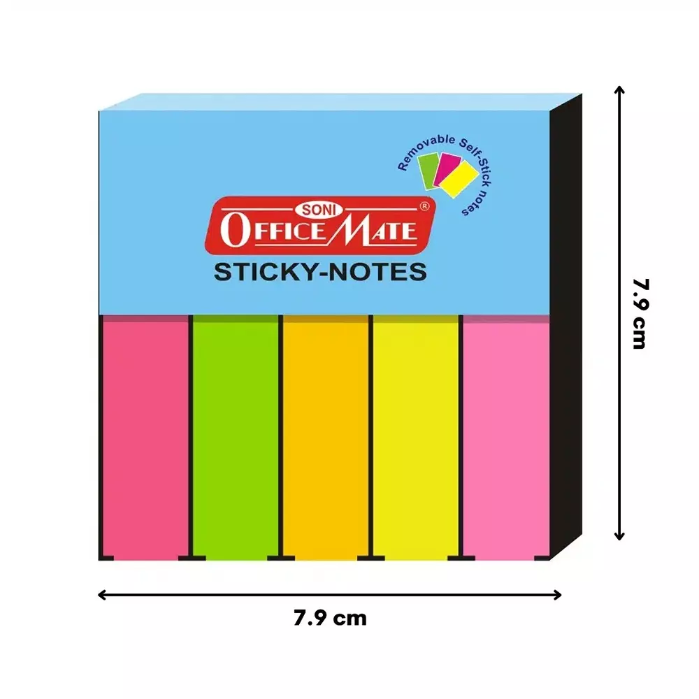 Soni Office Mate Fluorescent Sticky Note Pad 13x50 mm x 5, 100 Sheets Strong Adhesive for Notes and Reminders, Fluorescent Color (Pack of 2)