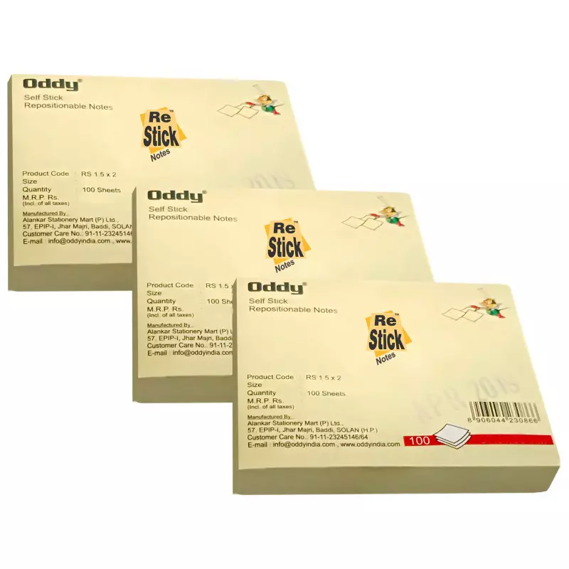 Oddy Re-sticky Notes 1.5x2 inch 100 Sheets Yellow (Pack of 100)