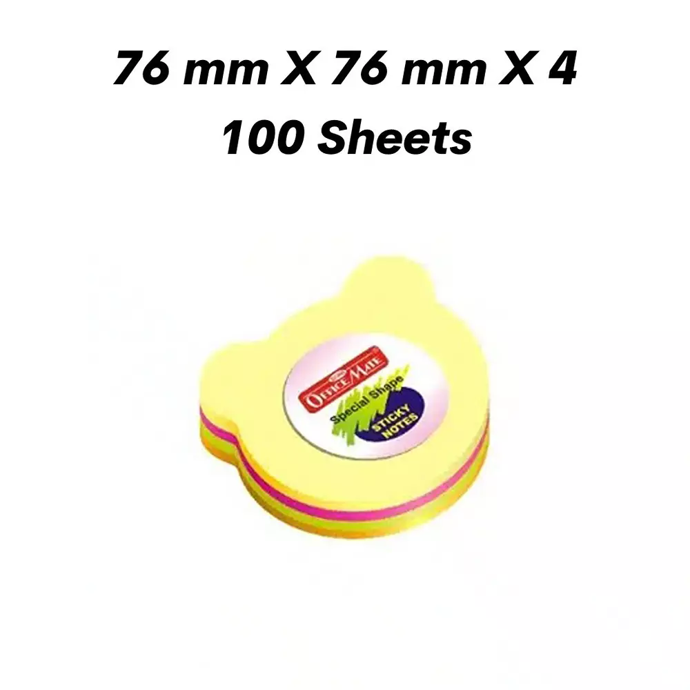 Soni Office Mate Fluorescent Sticky Notes Teddy Shape, Size 3x3 inch (76x76 mm) 100 Sheets Multicolor for Office, School & Home