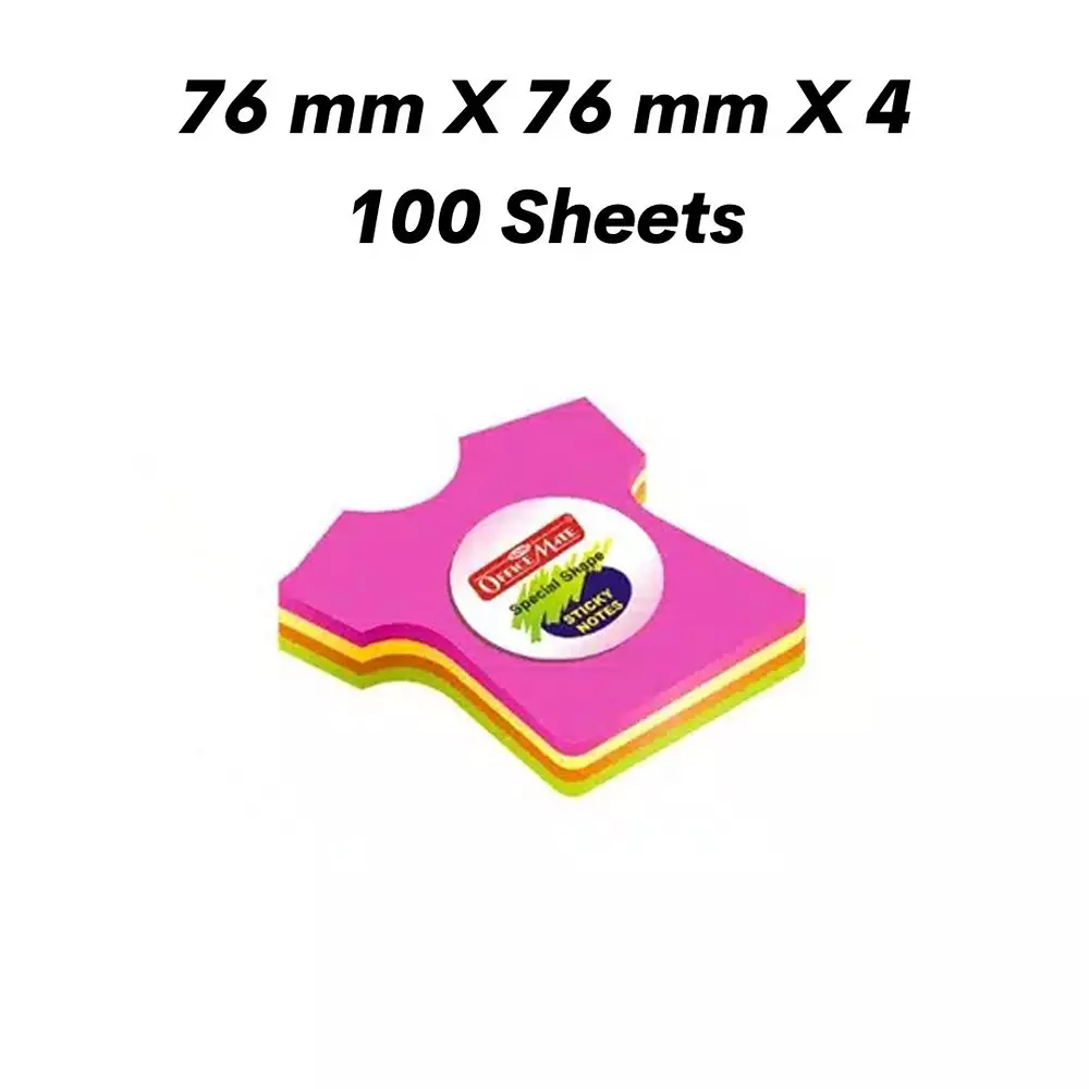 Soni Office Mate Fluorescent Sticky Notes T-Shirt Shape, Size 3x3 inch (76x76 mm) 100 Sheets Multicolor for Office, School & Home