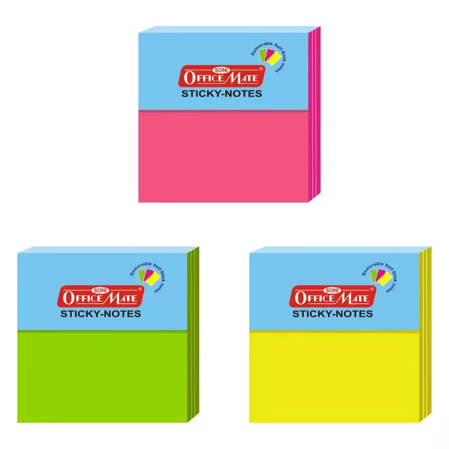 Soni Office Mate Fluorescent Sticky Note Pad 76x76 mm, 100 Sheets Strong Adhesive for Notes and Reminders (Pack of 3)