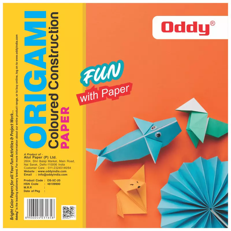 Oddy 5 Color Origami Sheets Single Side Fluorescent 20 Sheets Assorted A4 Paper for Home, Office & School, ORG-5C-20
