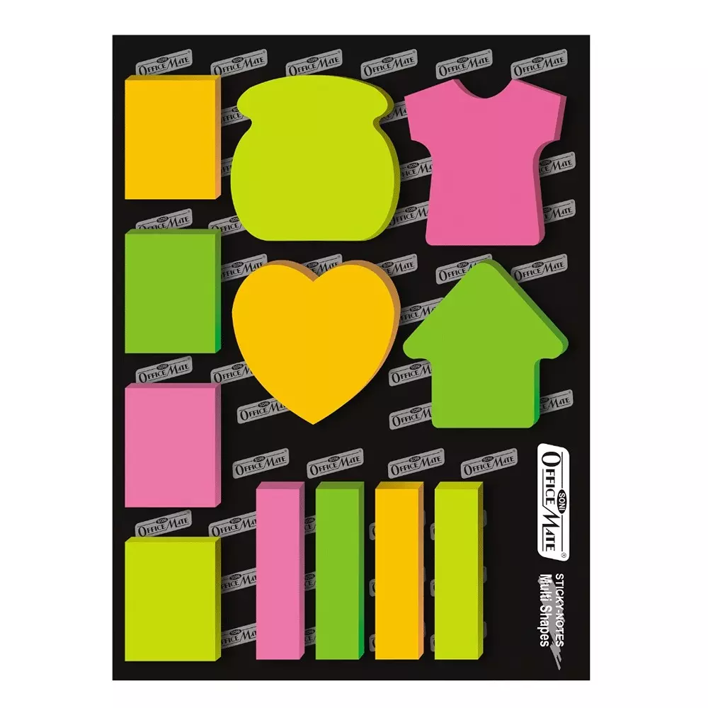 Soni Office Mate Fluorescent Shaped Notes 13x50 mm, 50x60 mm, 12 Sheets Strong Adhesive for Notes and Reminders