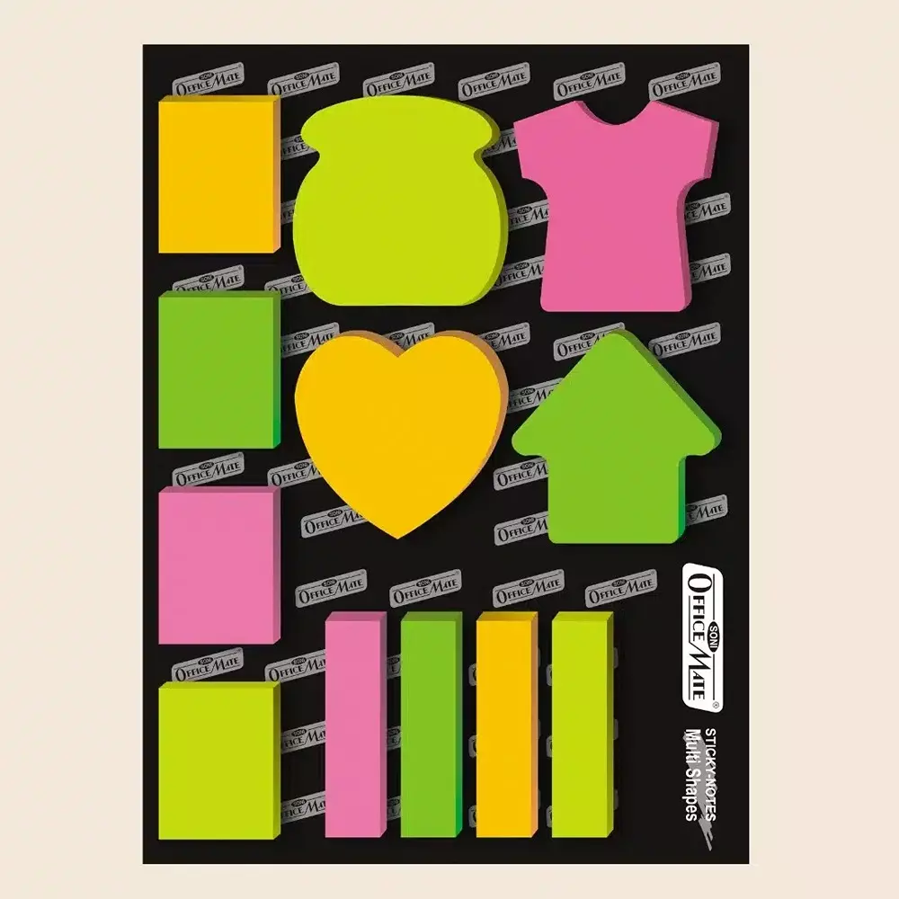 Soni Office Mate Fluorescent Shaped Notes 13x50 mm, 50x60 mm, 12 Sheets Strong Adhesive for Notes and Reminders