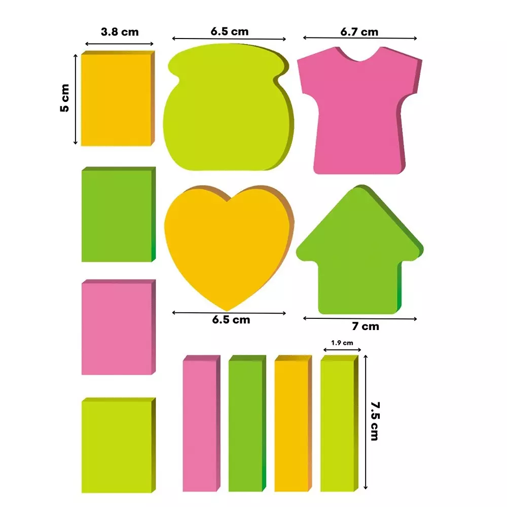 Soni Office Mate Fluorescent Shaped Notes 13x50 mm, 50x60 mm, 12 Sheets Strong Adhesive for Notes and Reminders
