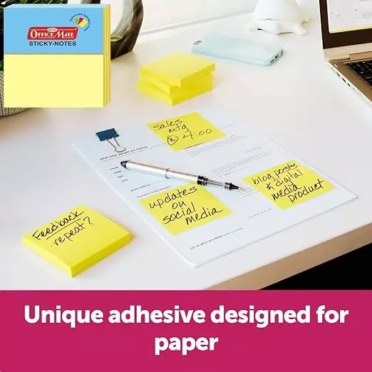 Soni Office Mate Fluorescent Sticky Note Pad 76x76 mm, 125 Sheets Strong Adhesive for Notes and Reminders, Pastel Color (Pack of 3)