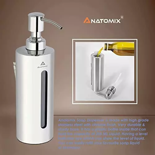 Anatomix Stainless Steel Wall Mounted Round Liquid Soap Dispenser 200 ml for Home, Office, Bathroom