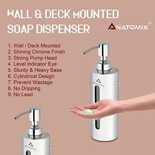 Anatomix Stainless Steel Wall Mounted Round Liquid Soap Dispenser 200 ml for Home, Office, Bathroom