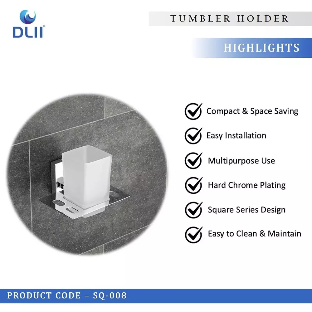 Dlii Tumbler Holder Stainless Steel, Plastic White Chrome Finish Wall Mounted for Bathrooms, Sq - 008