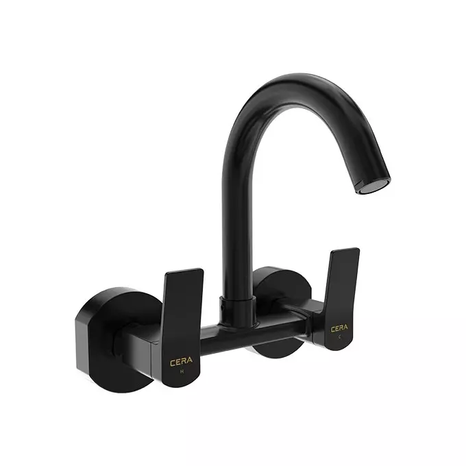 CERA Sylvina Sink Mixer Quarter Turn Wall Mount PVD Finish Black Matte with Long Swivel Spout, F1021501BM