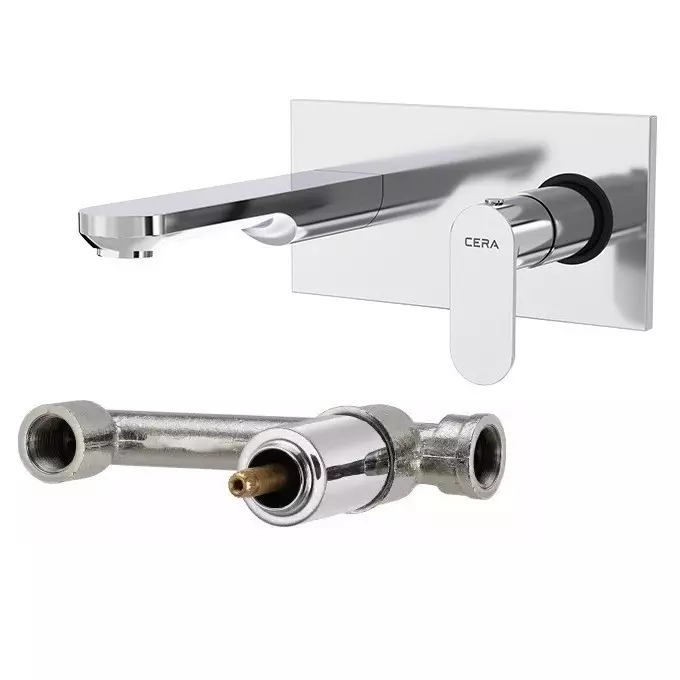 CERA CURVE Basin Spout Quarter Turn Exposed Part + Concealed Part Wall Mount Chrome, F1023653+F4055101