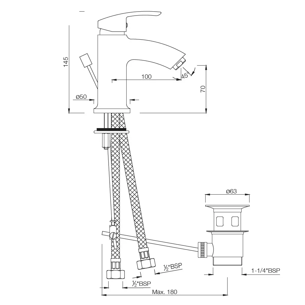 Essco by Jaquar Single Lever Basin Mixer with Popup Waste with 450 mm Long Braided Hose, COS-103051B