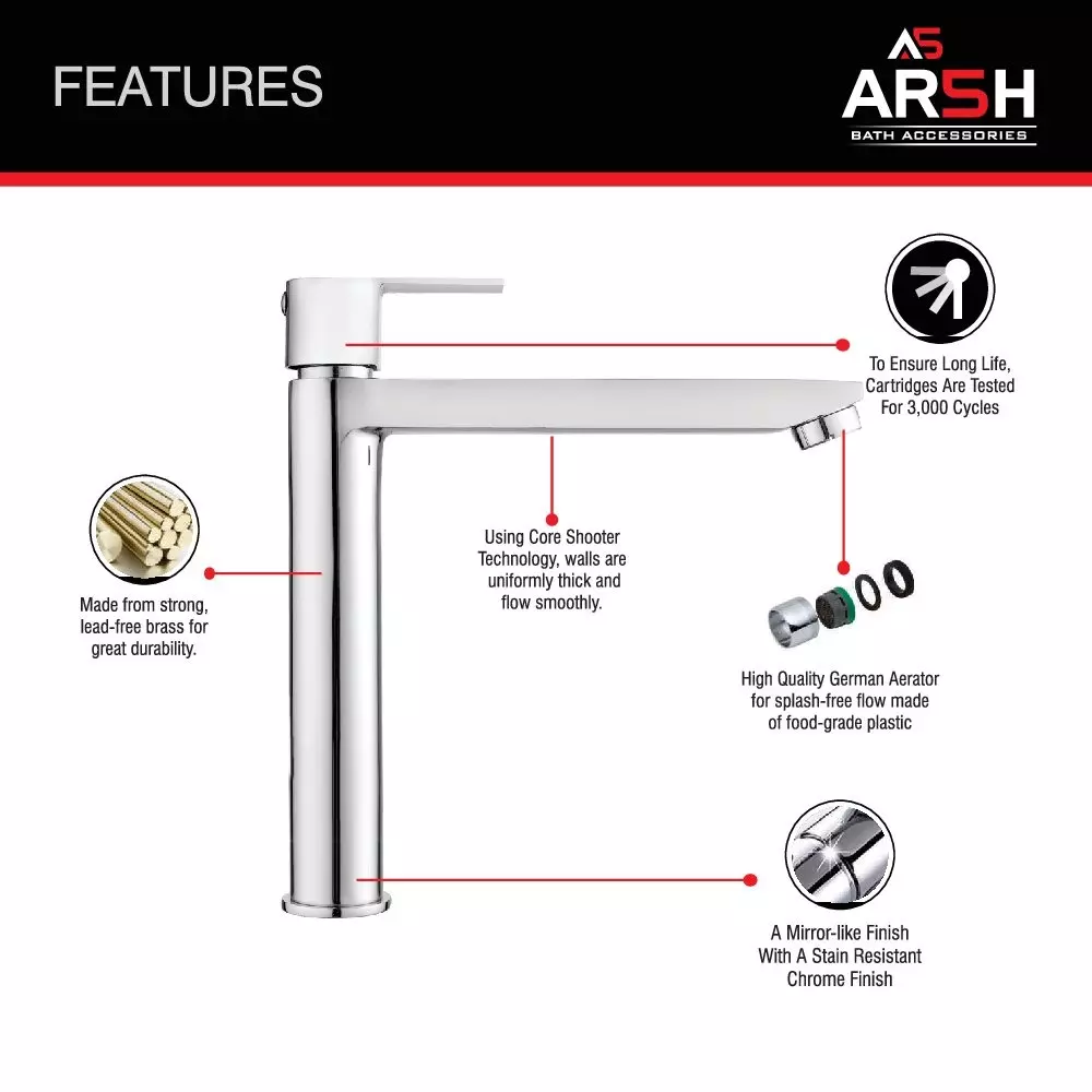 AR5H Modern Pillar Sink Faucet Water Tap Brass Chrome Finish 25.40 cm (10 inch) 730 g, ARIA-006