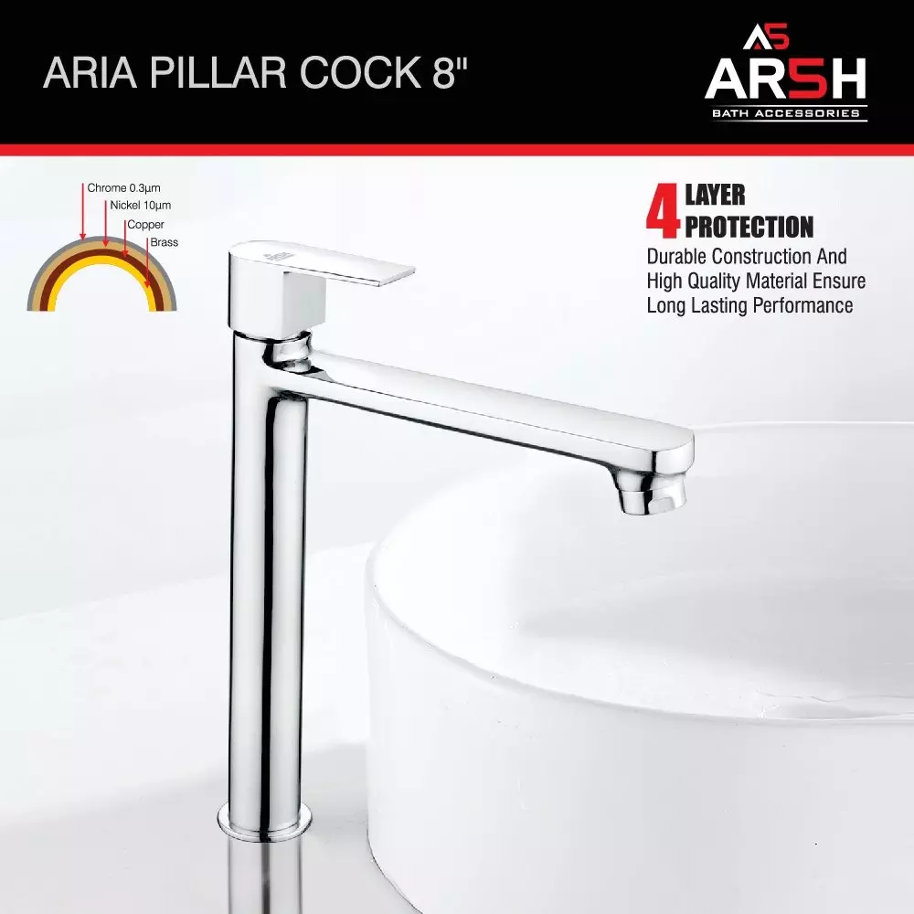 AR5H Modern Extended Tall Body Pillar Sink Faucet Water Tap Brass Chrome Finish 20.32 cm (8 inch) 724 g, ARIA-005