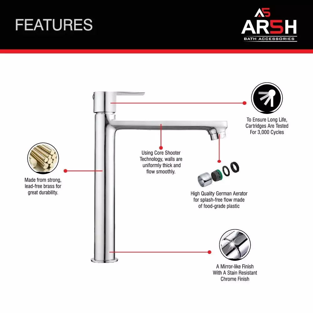 AR5H Modern Extended Tall Body Pillar Sink Faucet Water Tap Brass Chrome Finish 20.32 cm (8 inch) 724 g, ARIA-005