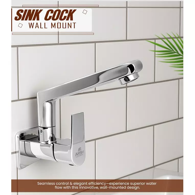 AR5H Swan Neck Kitchen Sink Tap Brass Wall Mounted Chrome Finish with 360° Swivel Spout, ARIA-0027
