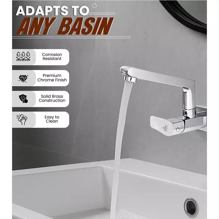 AR5H Swan Neck Kitchen Sink Tap Brass Wall Mounted Chrome Finish with 360° Swivel Spout, ARIA-0027