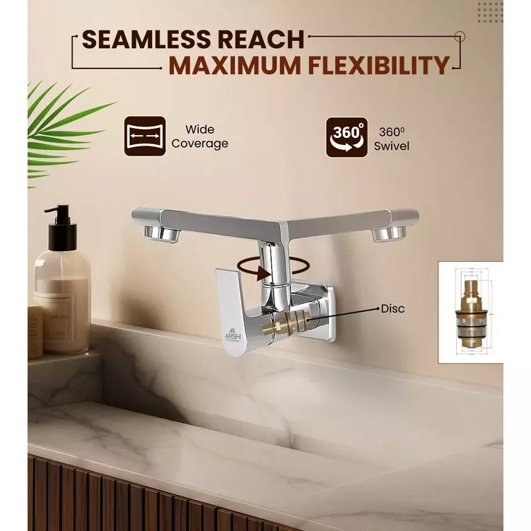 AR5H Swan Neck Kitchen Sink Tap Brass Wall Mounted Chrome Finish with 360° Swivel Spout, ARIA-0027