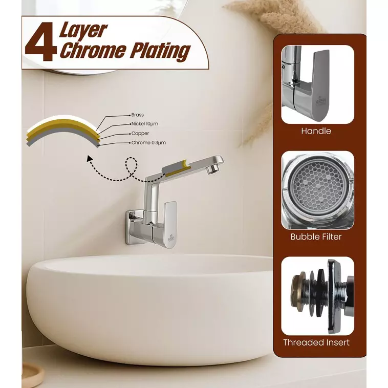 AR5H Swan Neck Kitchen Sink Tap Brass Wall Mounted Chrome Finish with 360° Swivel Spout, ARIA-0027