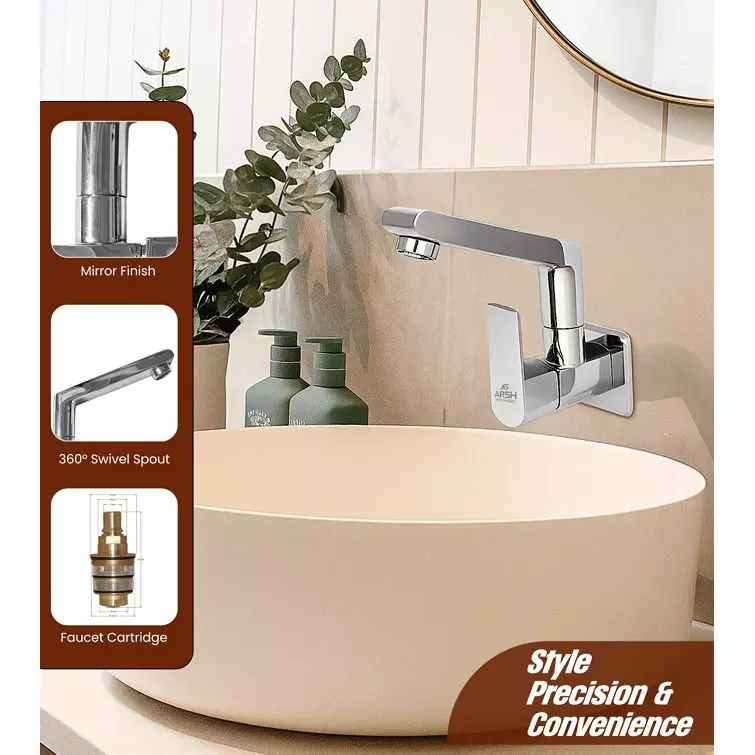 AR5H Swan Neck Kitchen Sink Tap Brass Wall Mounted Chrome Finish with 360° Swivel Spout, ARIA-0027