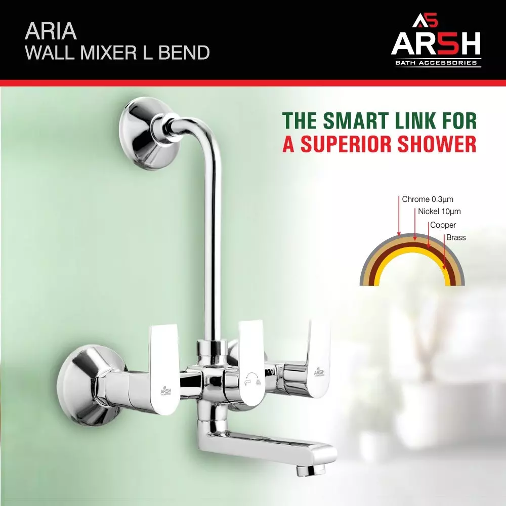 AR5H Pure Brass Wall Mixer Tap with Telephonic Shower & L-Bend Chrome Finish with V Cap Flange, ARIA-0010