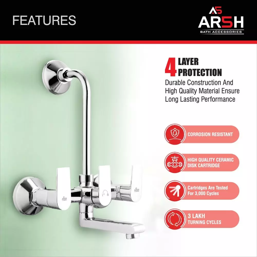 AR5H Pure Brass Wall Mixer Tap with Telephonic Shower & L-Bend Chrome Finish with V Cap Flange, ARIA-0010