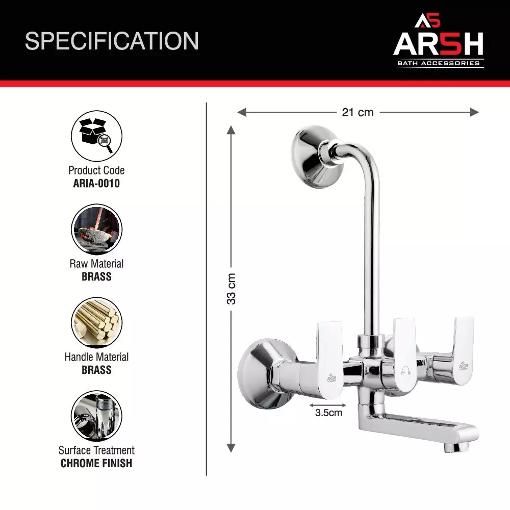 AR5H Pure Brass Wall Mixer Tap with Telephonic Shower & L-Bend Chrome Finish with V Cap Flange, ARIA-0010