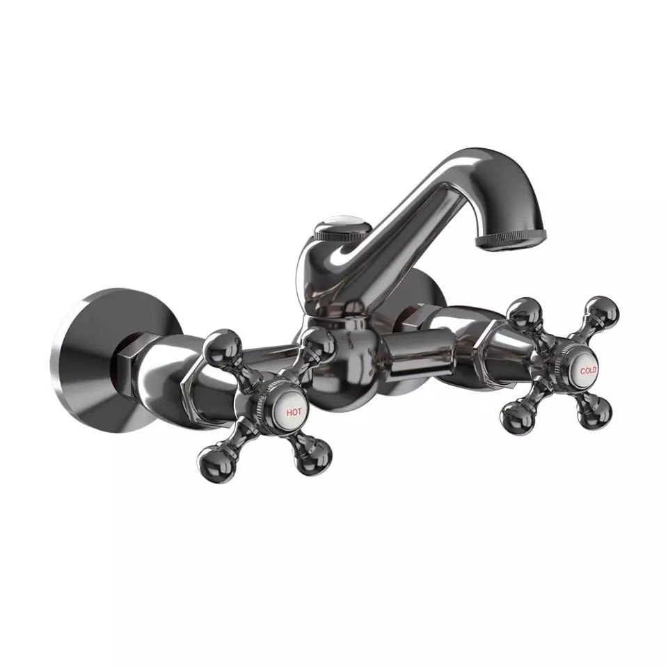 Jaquar Sink Mixer With Regular Swinging Spout (Wall Mounted Model) With Connecting Legs & Wall Flanges Black Chrome Finish, QQT-BCH-7309