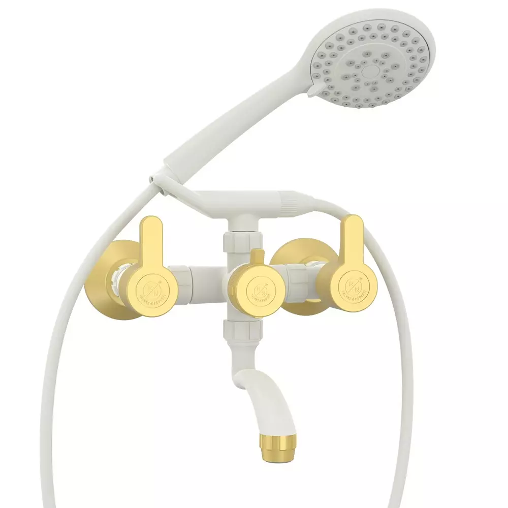 RN Wall Mixer Telephonic Tap With Crutch PTMT White Bright Gold 1/2 Inch (15 mm) Size for Kitchen & Bathroom Use, RNPRB37A12 (Without Hand Sower & Tube)